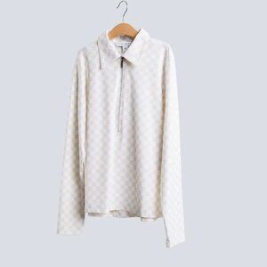White Checker Long-Sleeve Collared Golf Top